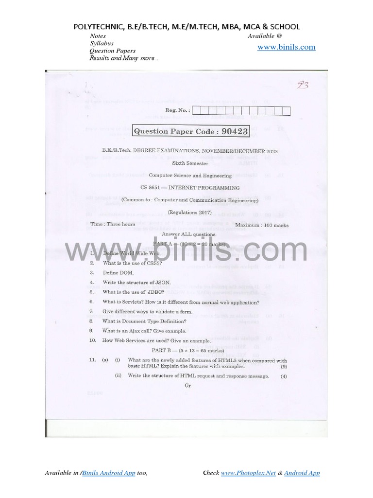 CS 8651 Internet Programming Previous Question Paper | PDF