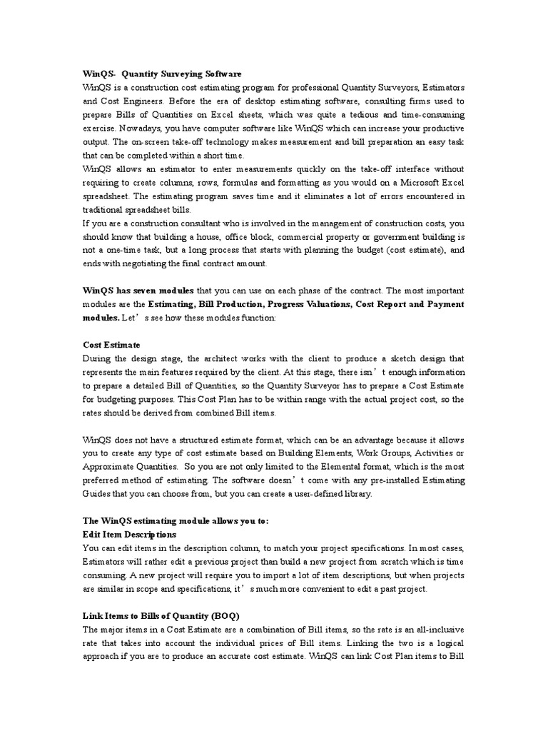 WinQS: Advanced Quantity Surveying Tool | PDF | Valuation (Finance ...