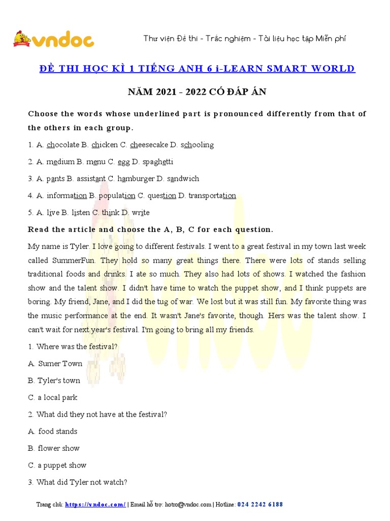 De Thi Tieng Anh Lop 6 Hoc Ki 1 I Learn Smart World So 4 | PDF ...