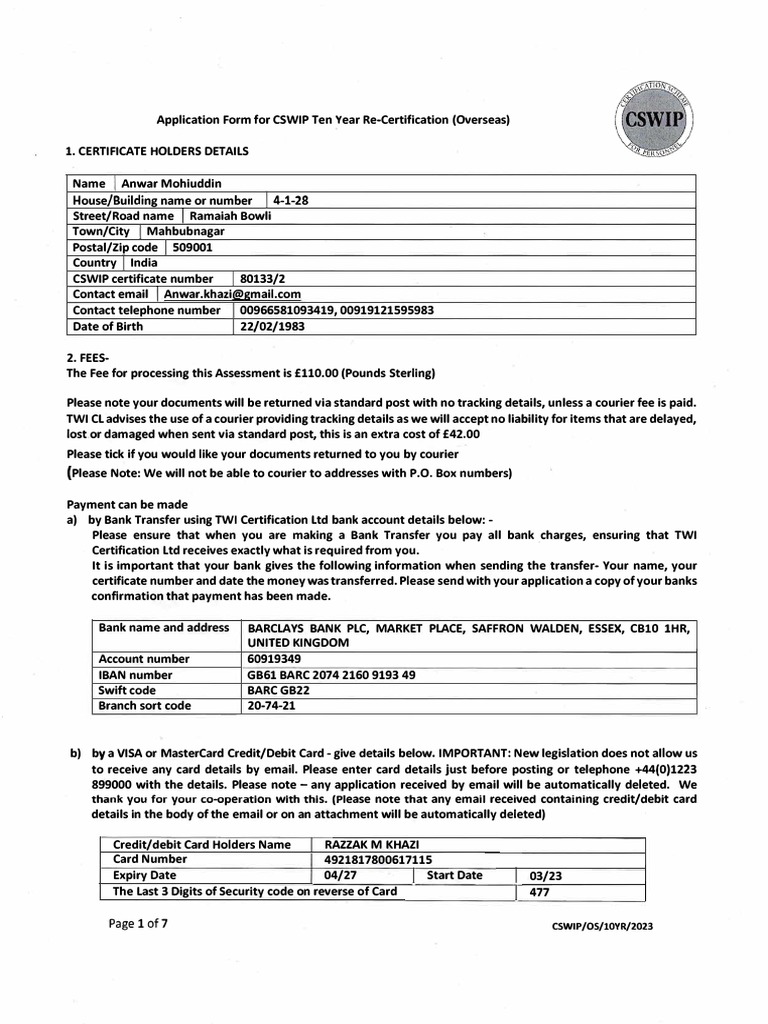 CSWIP Ten Year Re-Certification Form | PDF | Debit Card | Credit Card
