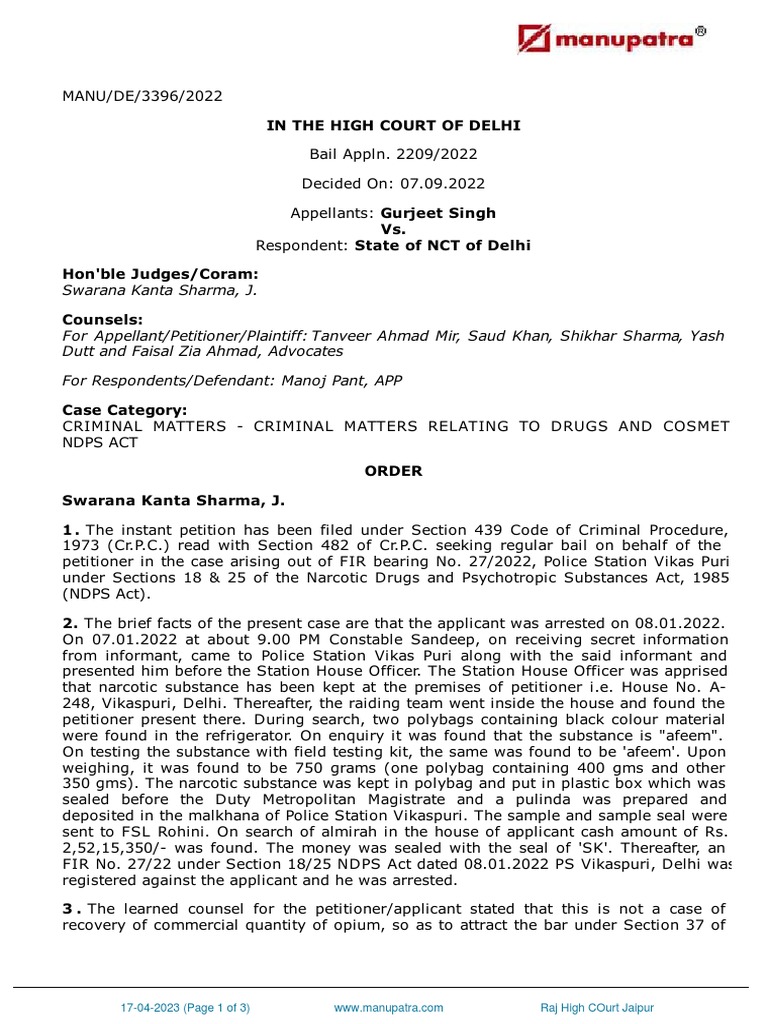 Delhi High Court Bail Ruling on NDPS Case | PDF | Bail | Government
