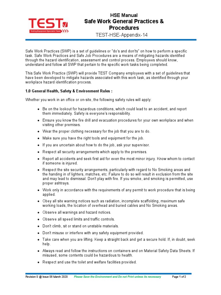 Safe Work General Practices & Procedures PDF Helicopter Housekeeping