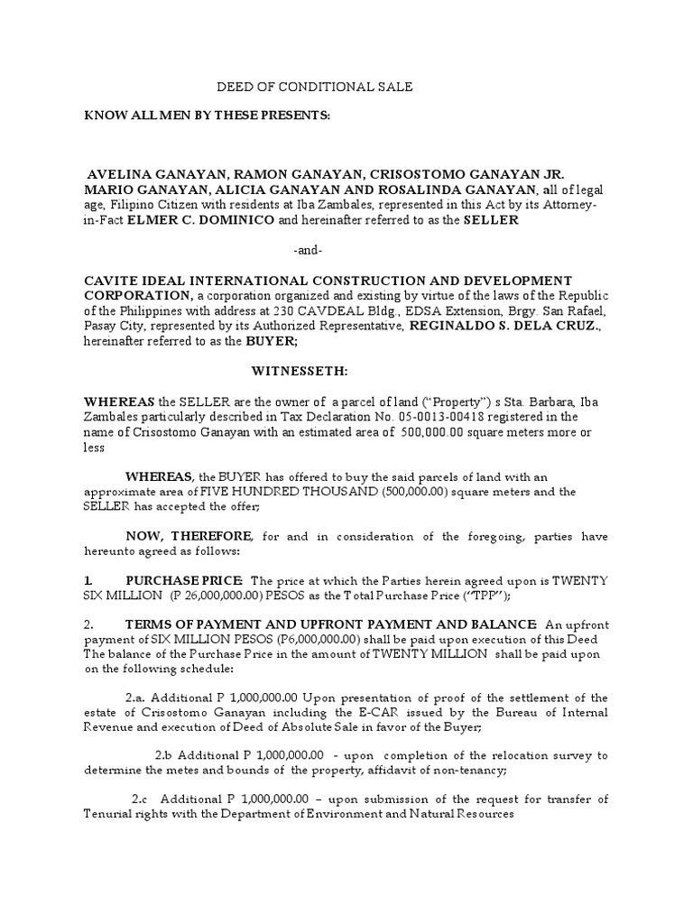 Deed of Conditional Sale Iba Zambales PDF Lease Leasehold Estate