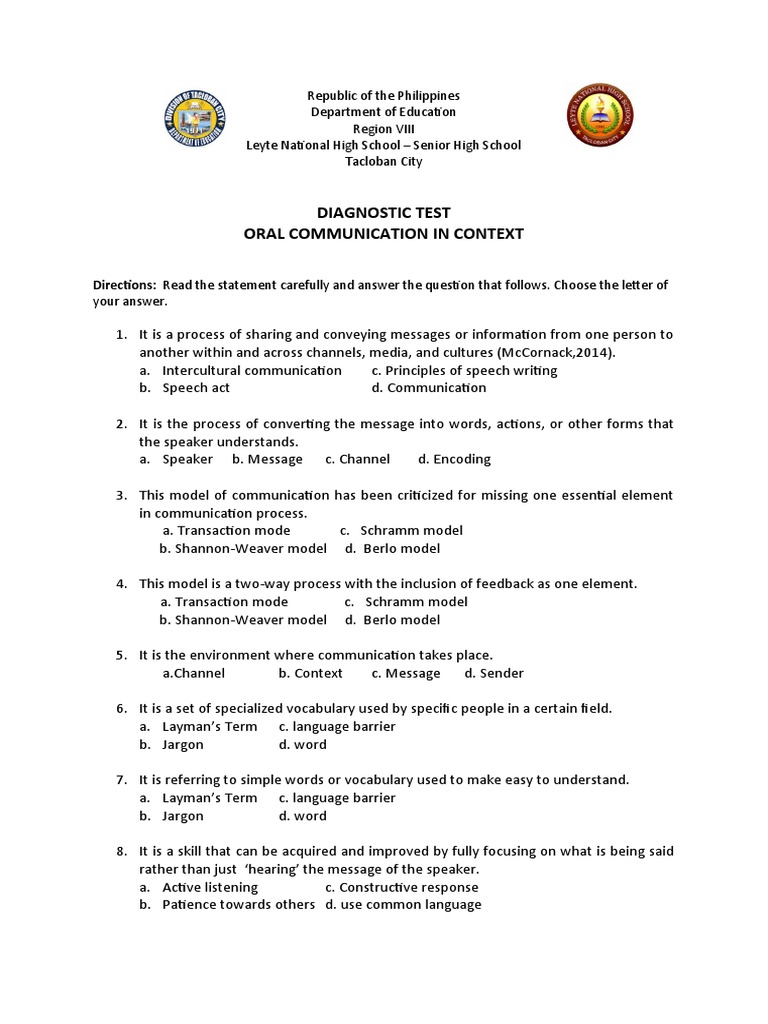 ORAL COMMUNICATION TEST QUESTIONS WITH ANSWERS PDF visual data 6