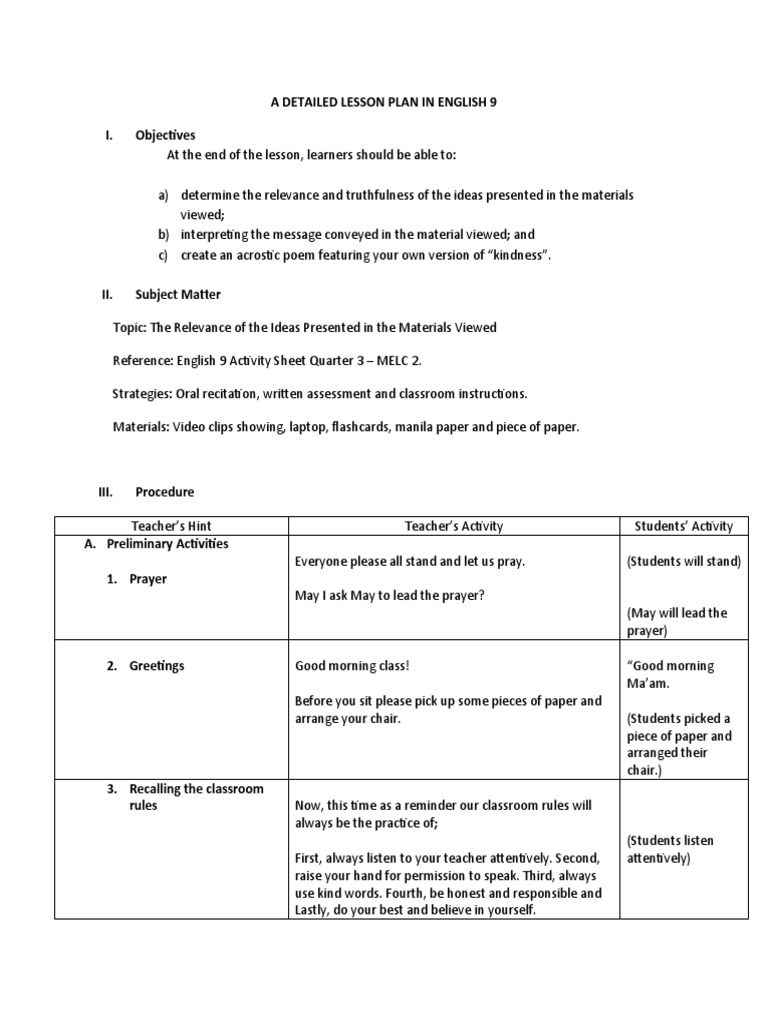 A detailed lesson plan in english 9 download free pdf lesson plan