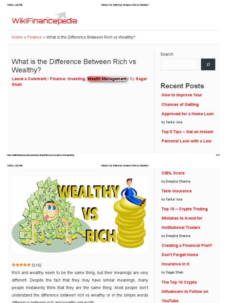 What Is The Difference Between Rich Vs Wealthy Pdf Wealth Money