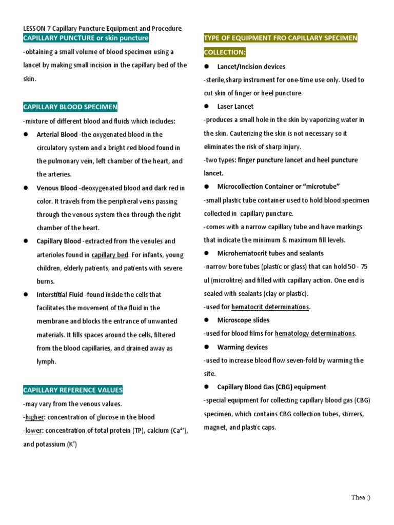 LESSON 7 Capillary Puncture Equipment and Procedure PDF Vein