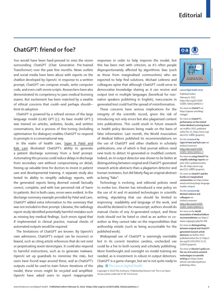 ChatGPT friend or foe. Lancet Feb 6, 2023 PDF Artificial Intelligence Intelligence (AI