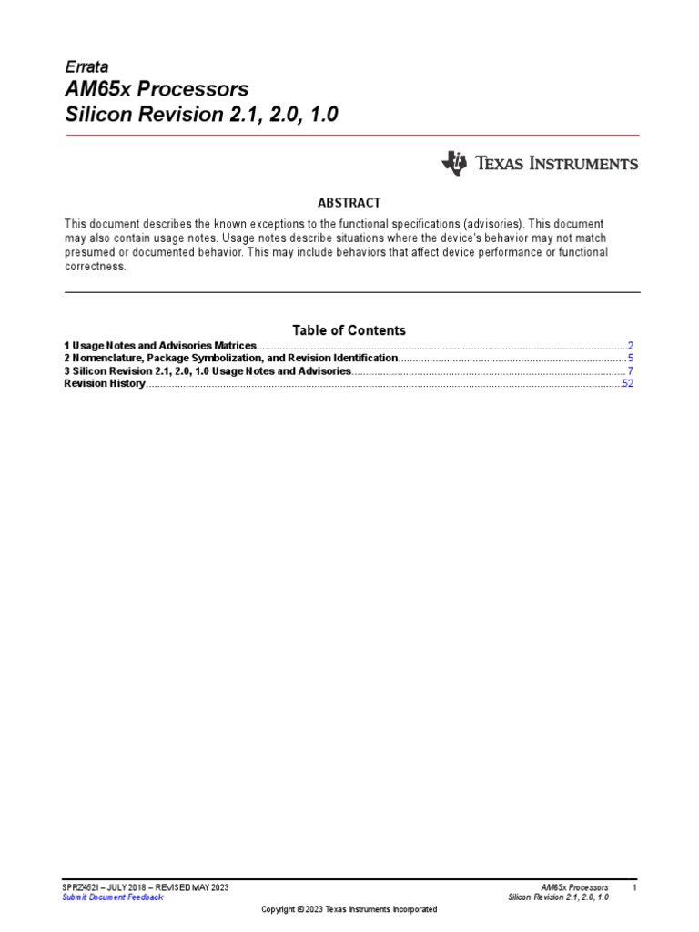 AM65x Processors Silicon Revision 2.1, 2.0, 1.0 Errata PDF Analog