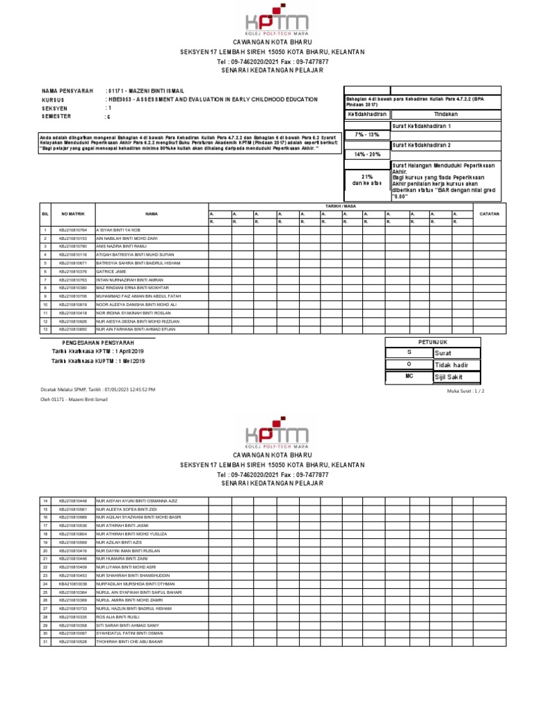 Senarai Kehadiran Pelajar KPTM | PDF