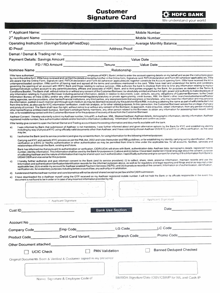 HDFC Bank Customer Signature Card Form | PDF | Banks | Authentication