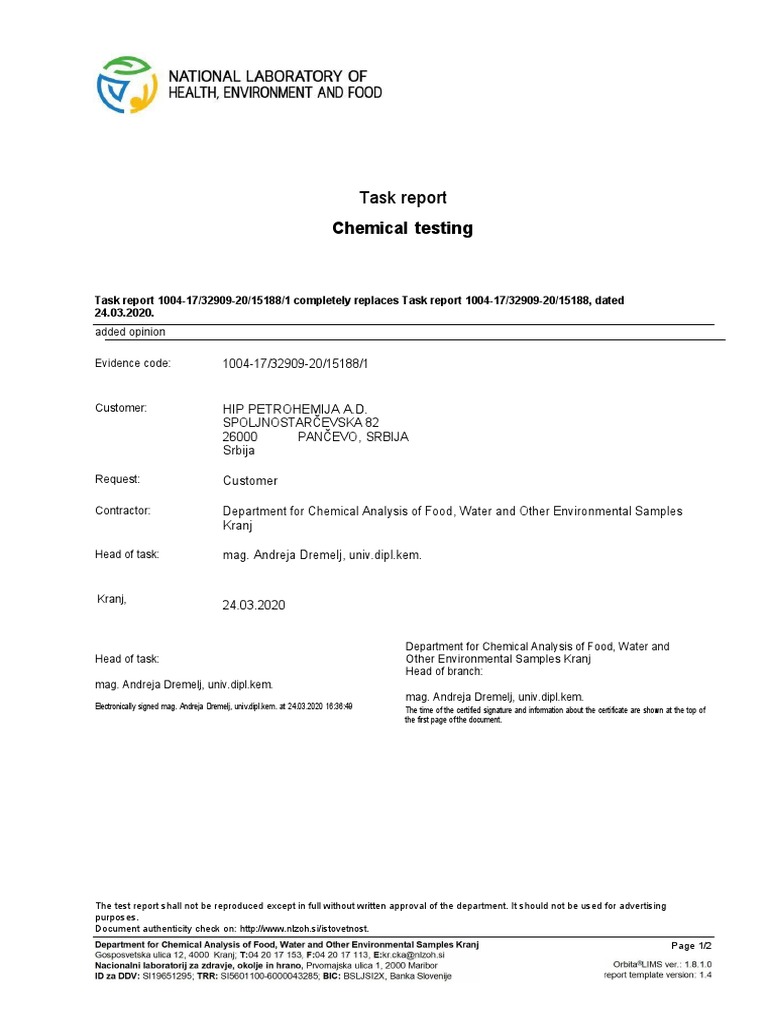 Chemical Testing Report for HIP Petrohemija | PDF | Analytical ...