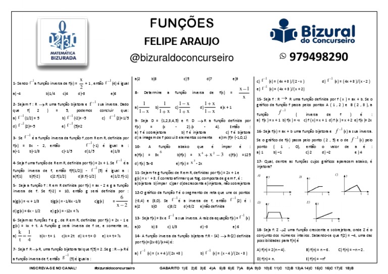 Gabarito e Questões sobre Funções Inversas | PDF | Função (Matemática ...