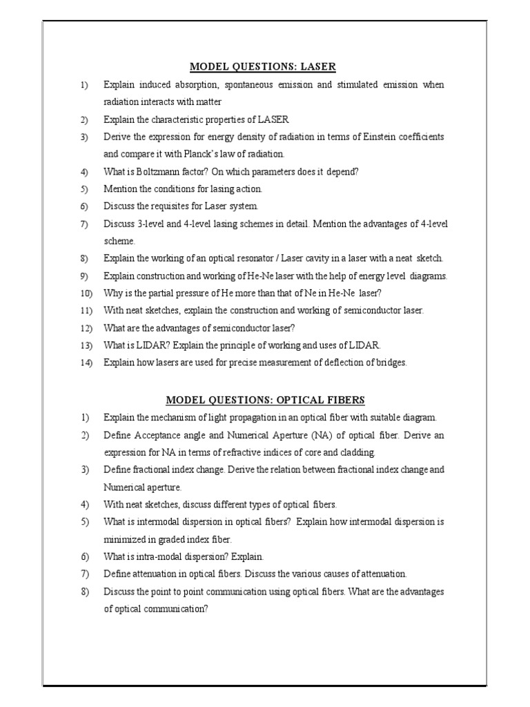 Lasers & Optical Fibers Model Question Paper+ Problems | PDF | Laser ...