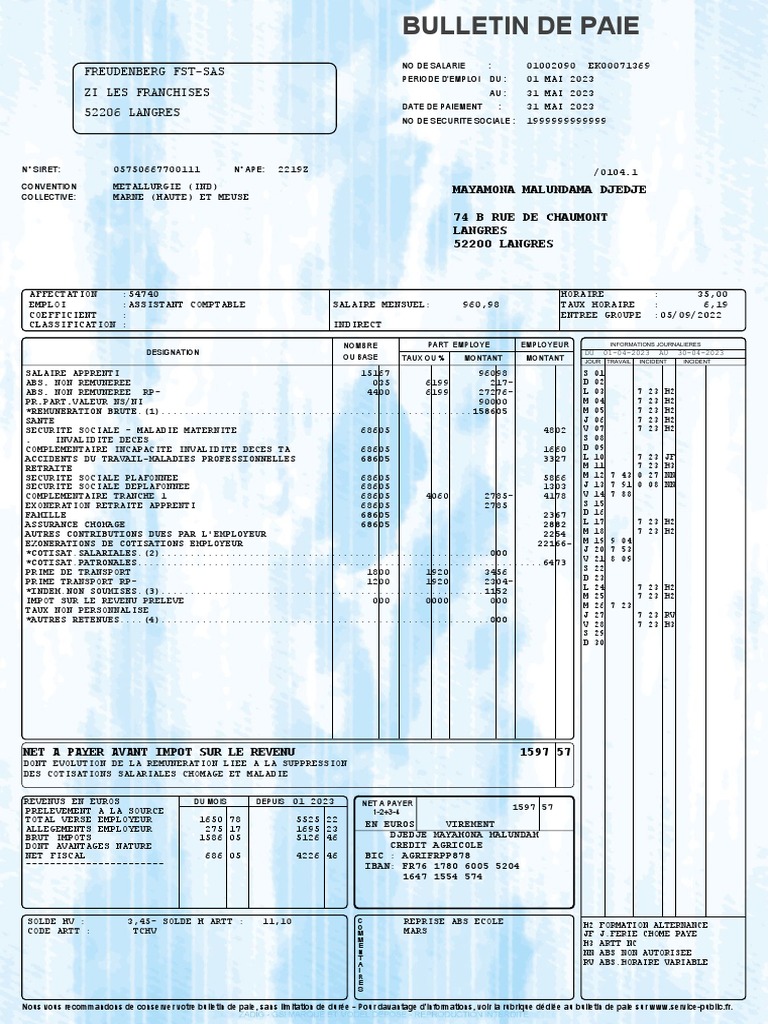 Bulletin de Paie - Mai 2023 | PDF | Impôt sur le revenu | Finances ...