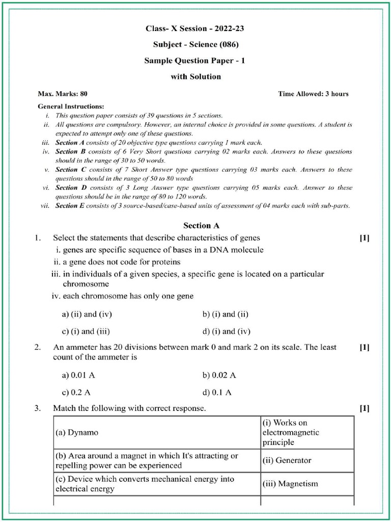 Science Sample Paper - 1 - 1 | PDF