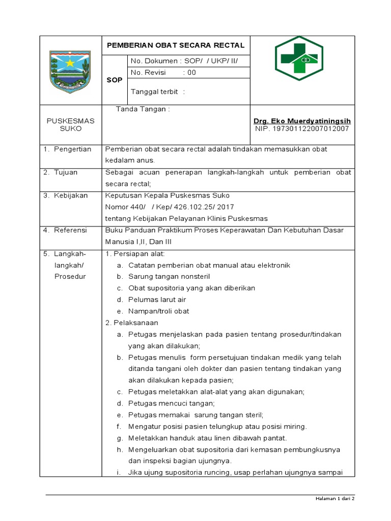 Prosedur Pemberian Obat Rektal di Puskesmas | PDF
