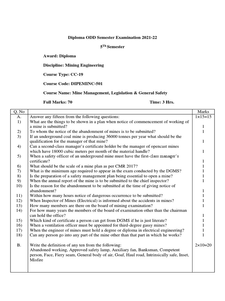 Mining Engineering Exam 2021-22 Guide | PDF | Mining | Diploma