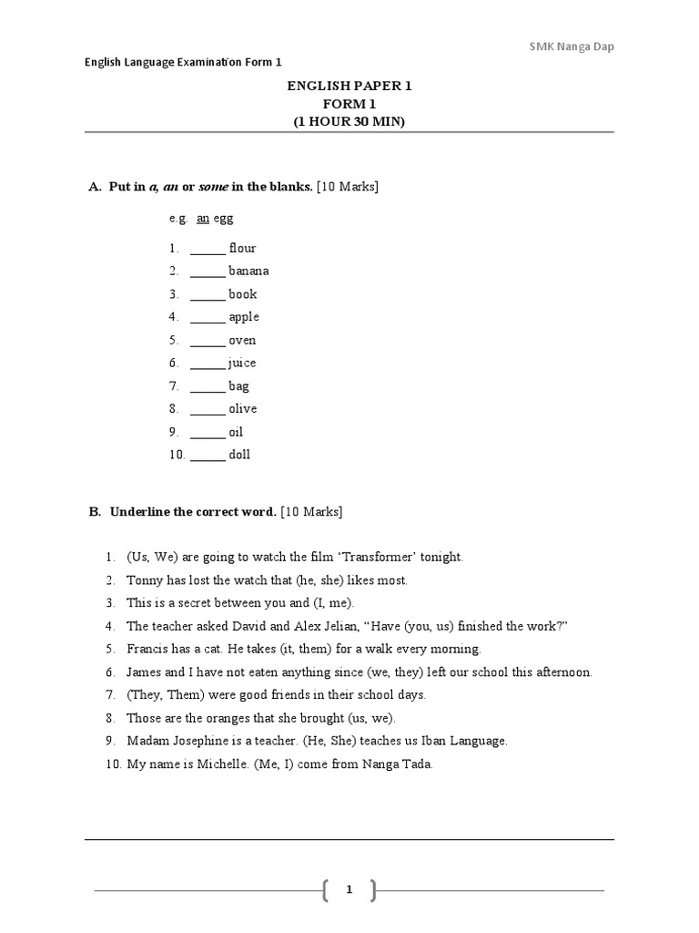 English Exam Paper for Form 1 Students | PDF | Leopard | Tiger