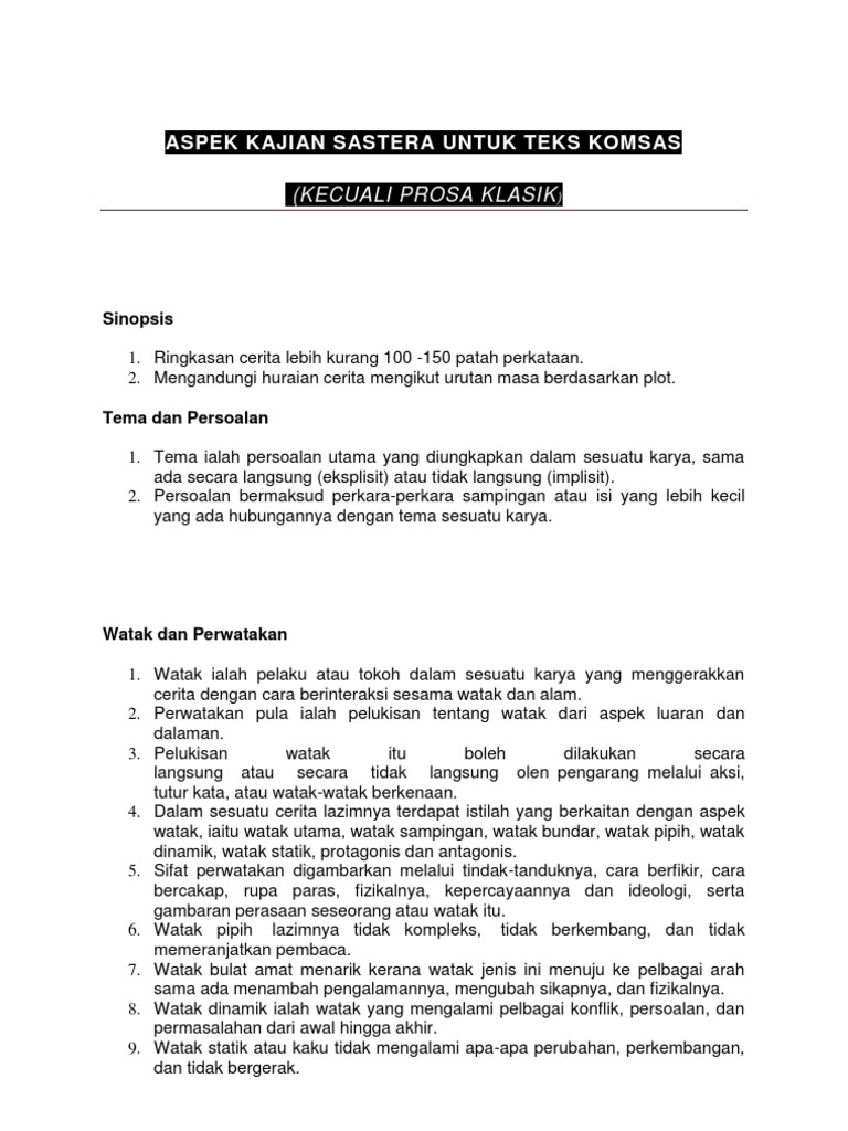Aspek Kajian Sastera Untuk Teks Komsas Kecuali Prosa Klasik