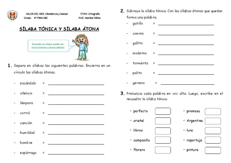 Ejercicios de Sílaba Tónica 4º Primaria | PDF