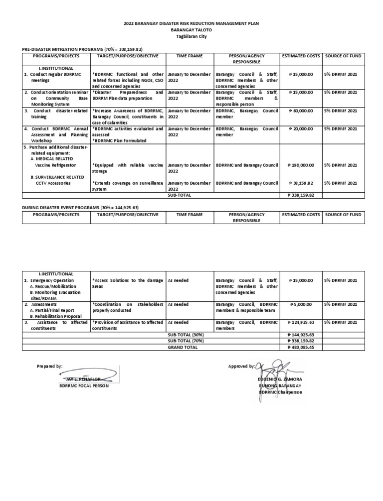 Barangay Taloto DRRM Plan 2022 | PDF | Emergency Management | Safety