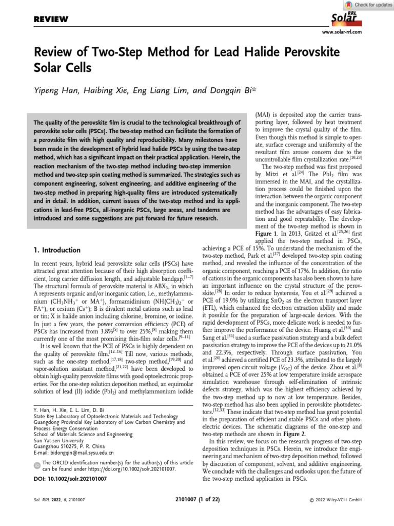Review of Two-Step Method For Lead Halide Perovskite Solar Cells | PDF ...