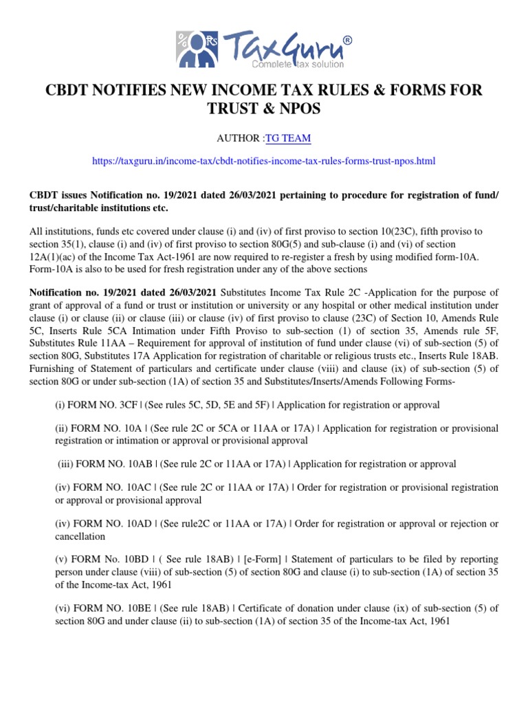 CBDT Notifies New Income Tax Rules & Forms For Trust & NPOs - Taxguru ...