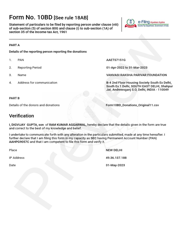 Form 10BD for Vanvasi Raksha Foundation | PDF