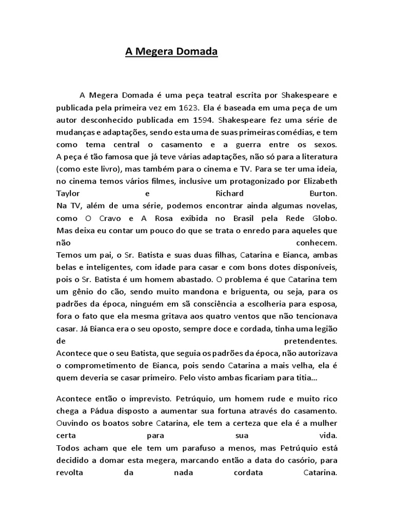 A Megera Domada: Enredo e Adaptações | PDF | A Megera Domada | William ...