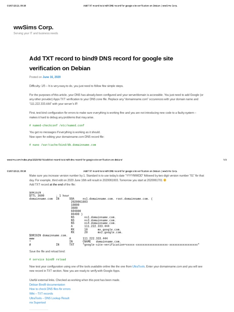 Add txt record to bind9 dns record for google site verification on