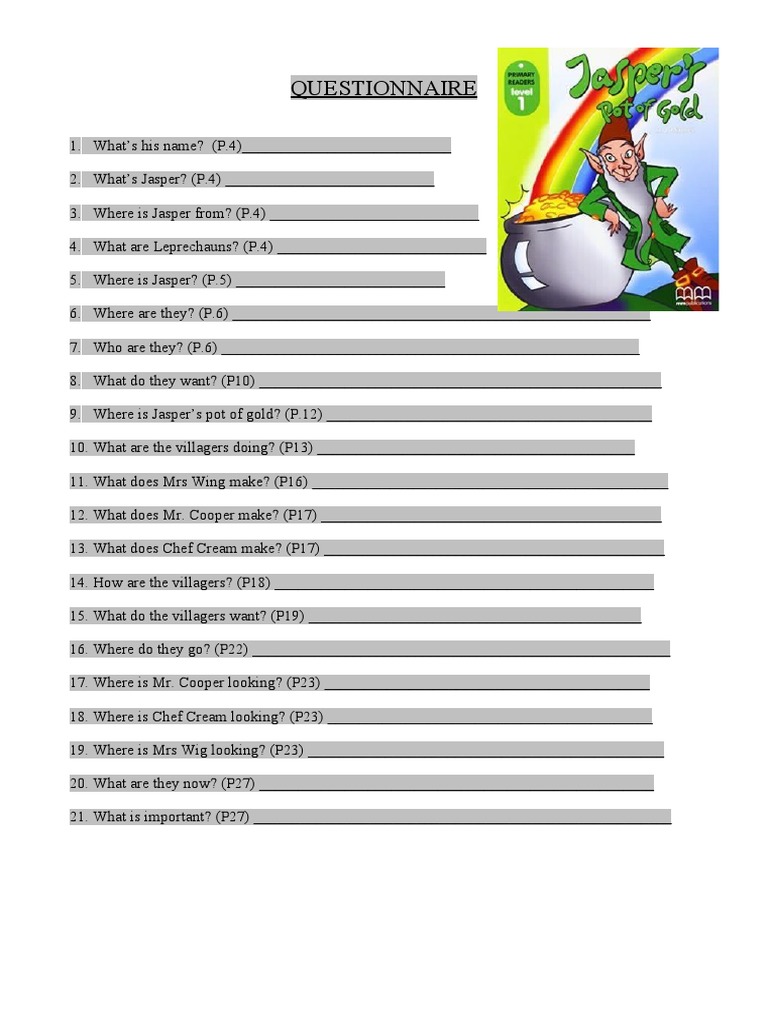 Jasper's Pot of Gold Questionnaire | PDF