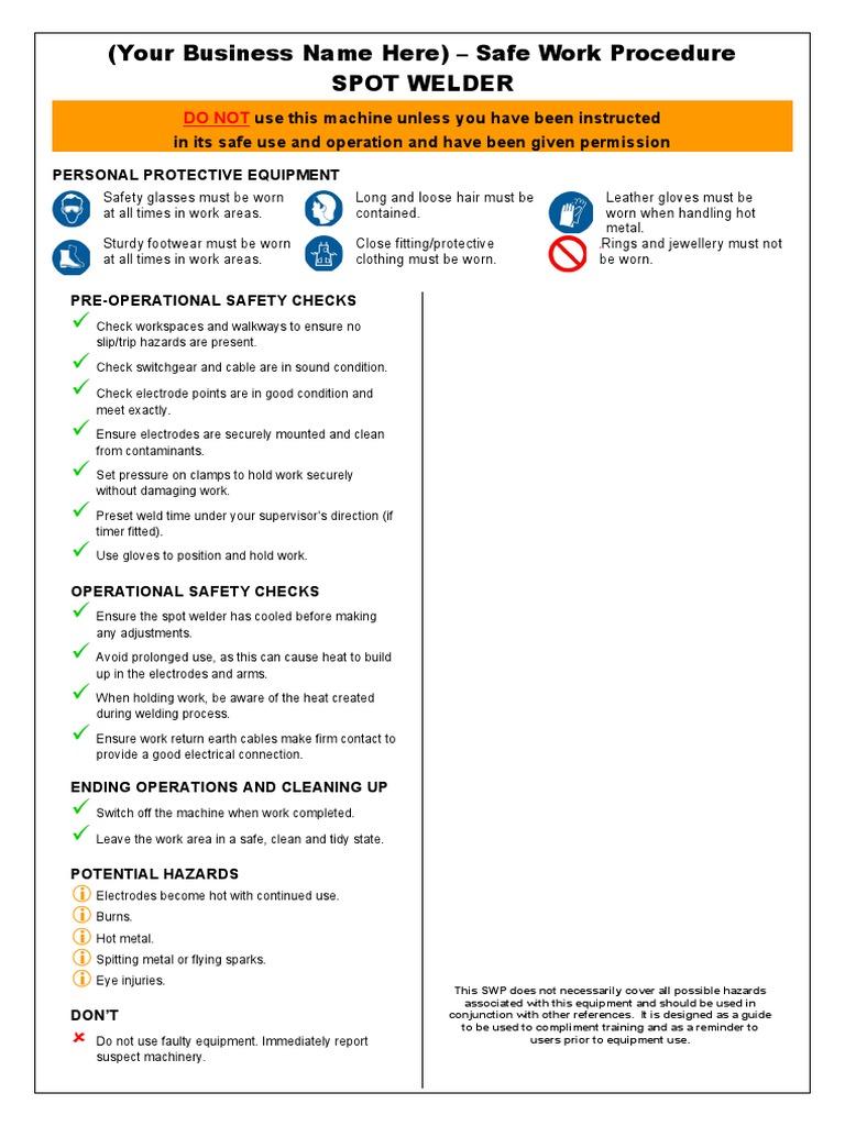 SWP for Safe Use of Spot Welder | PDF | Welding | Construction