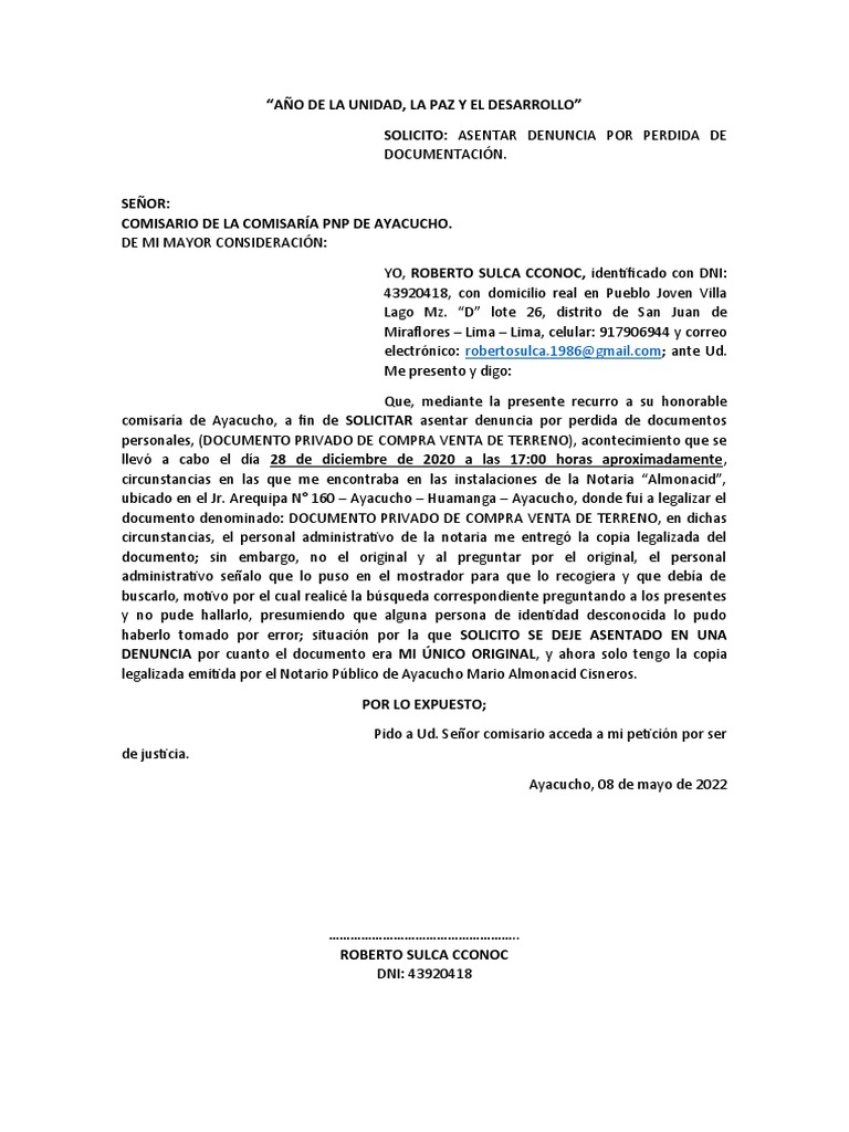 Denuncia por perdida de documentos pdf