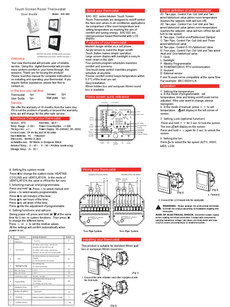 BAC-002 Touch Screen Thermostat Guide | PDF | Thermostat | Mechanical ...