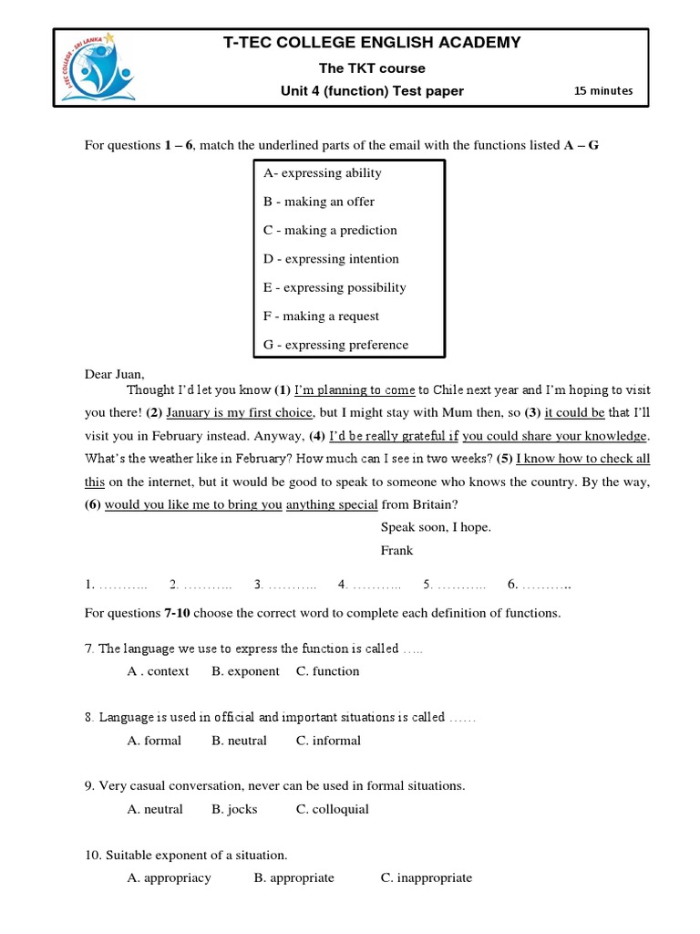 Unit 4 Test Papers PDF