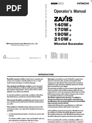 Hitachi Zaxis 140w 170w 190w 210w 3 Operators Manual | PDF