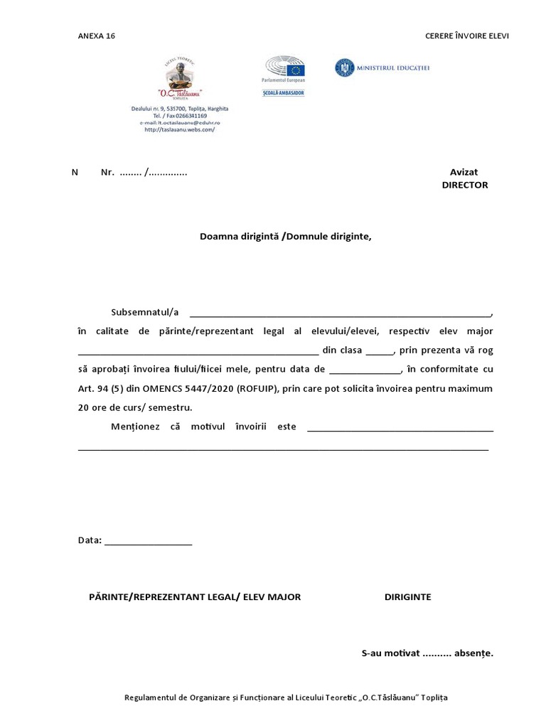 16 - Cerere Invoire Elev | PDF