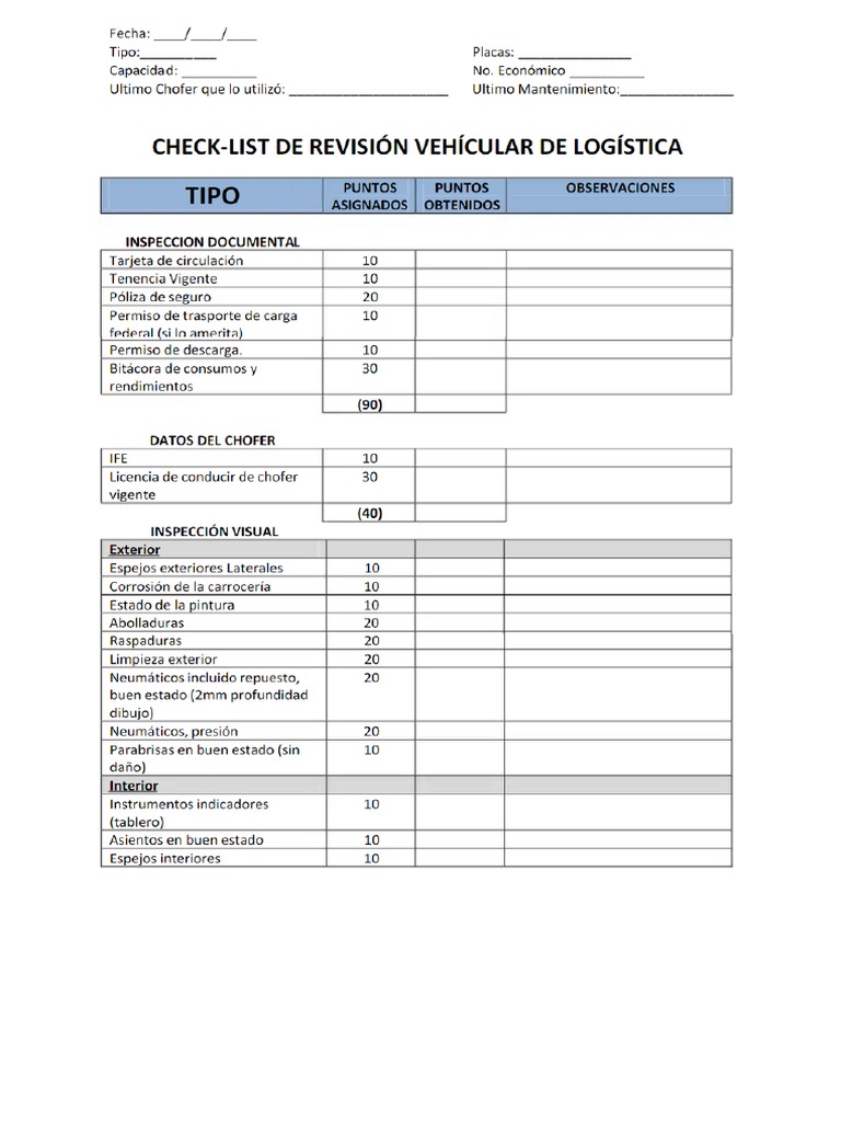 Check List Revisión Vehícular de Logística | PDF