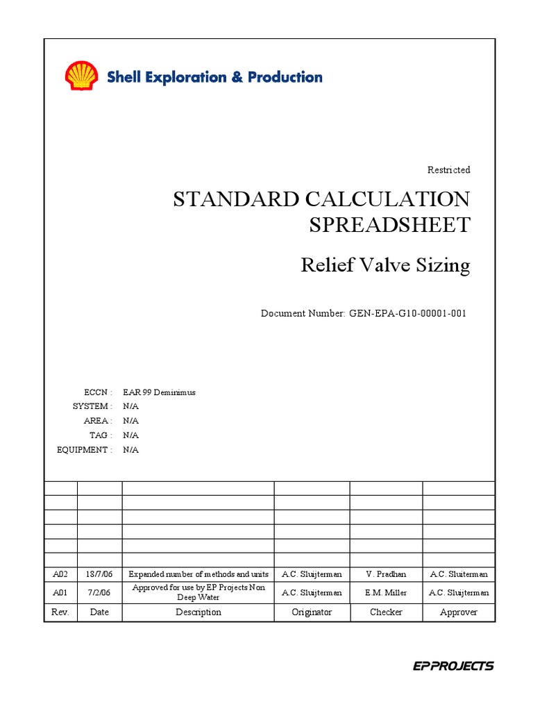 GEN EPA G10 00001 001 A02 Standard Calculation Spreadsheet Relief