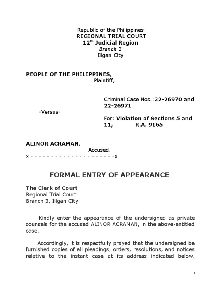 Formal Entry of Appearance sample | PDF | Public Law | Justice
