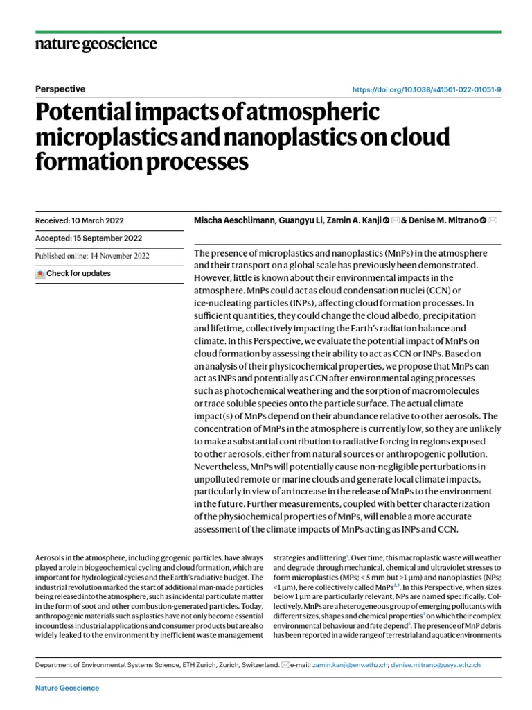 Potential Impacts of Atmospheric Microplastics and Nanoplastics On ...