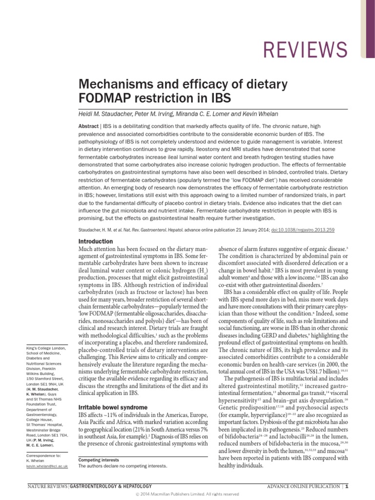 Mechanisms and Efficacy of Dietary FODMAPS Restriction in IBS | PDF ...