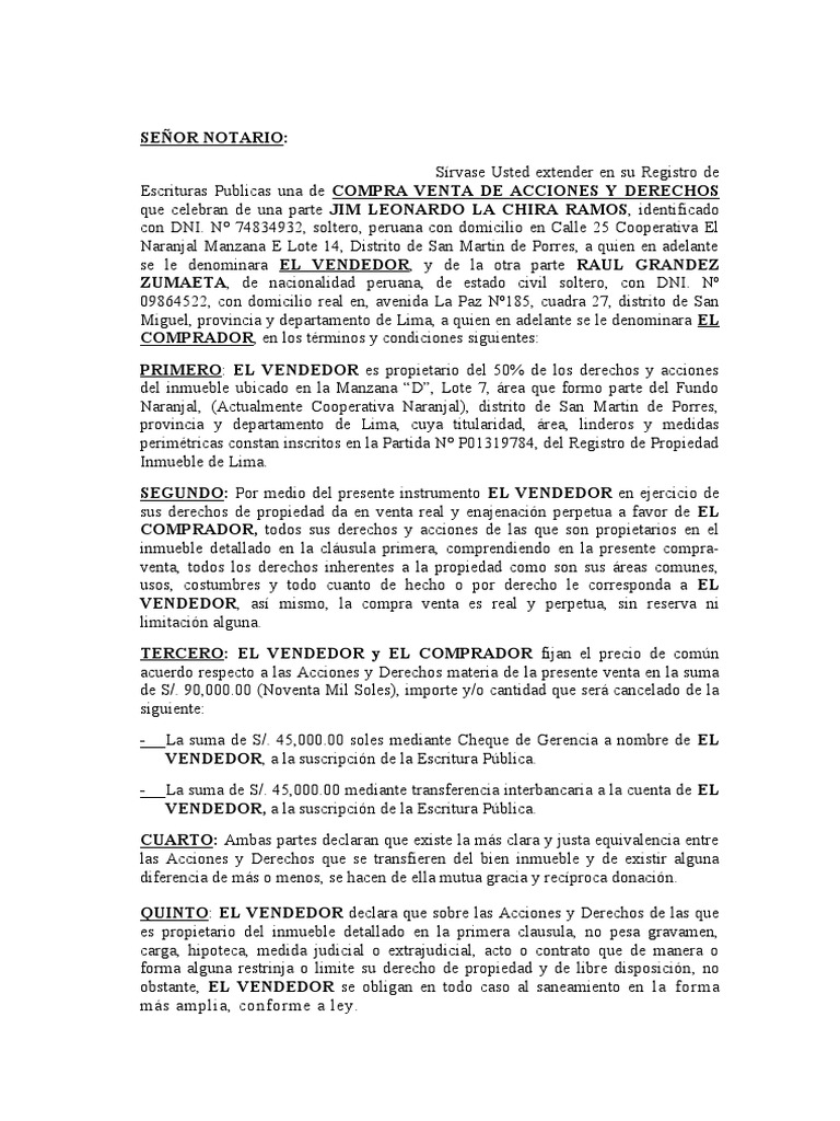 Minuta De Compra Venta De Raul Grandez Zumaeta 2 Pdf Propiedad