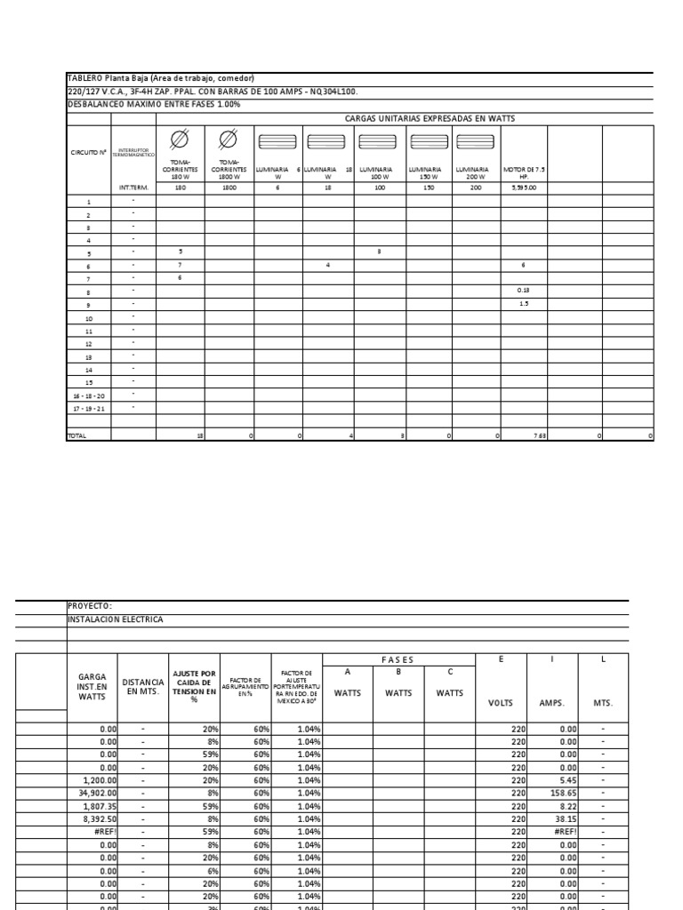 Cuadro de Cargas Universal Descargar gratis PDF Ingenieria Eléctrica Electricidad