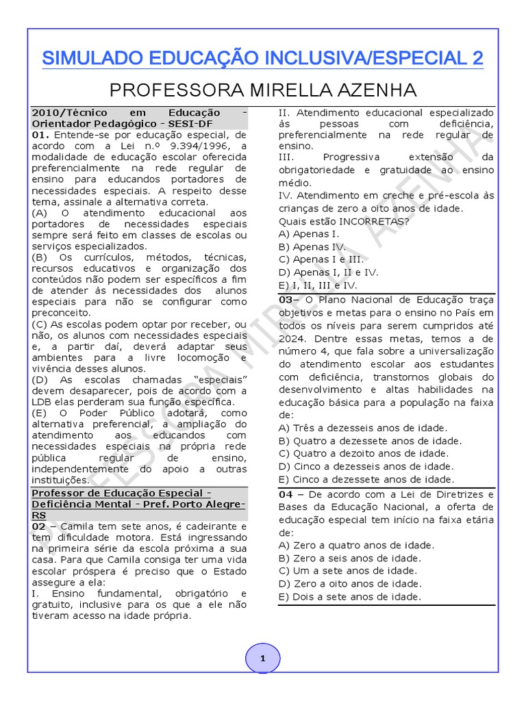 40 Simulado Educação Inclusiva Especial | PDF | Educação Especial ...
