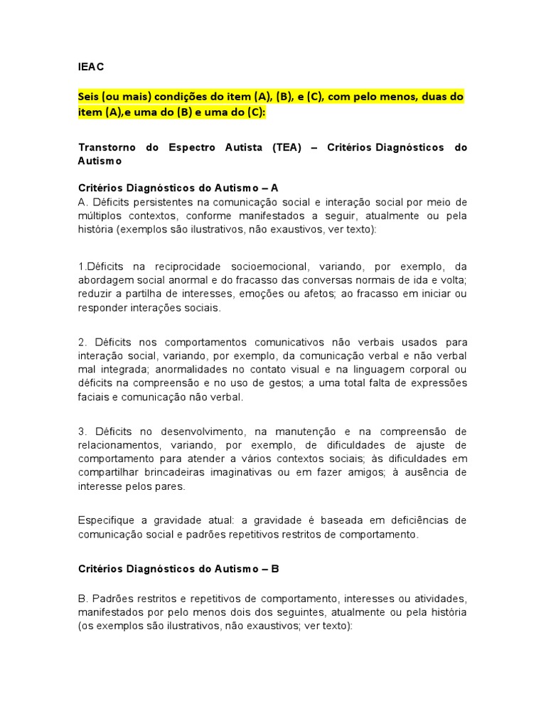 Critérios Diagnósticos do Autismo DSM-5 | PDF | Espectro do autismo ...
