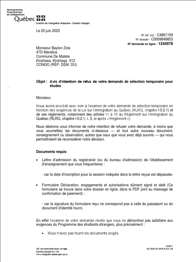 Avis d'intention de refus d'admission | PDF
