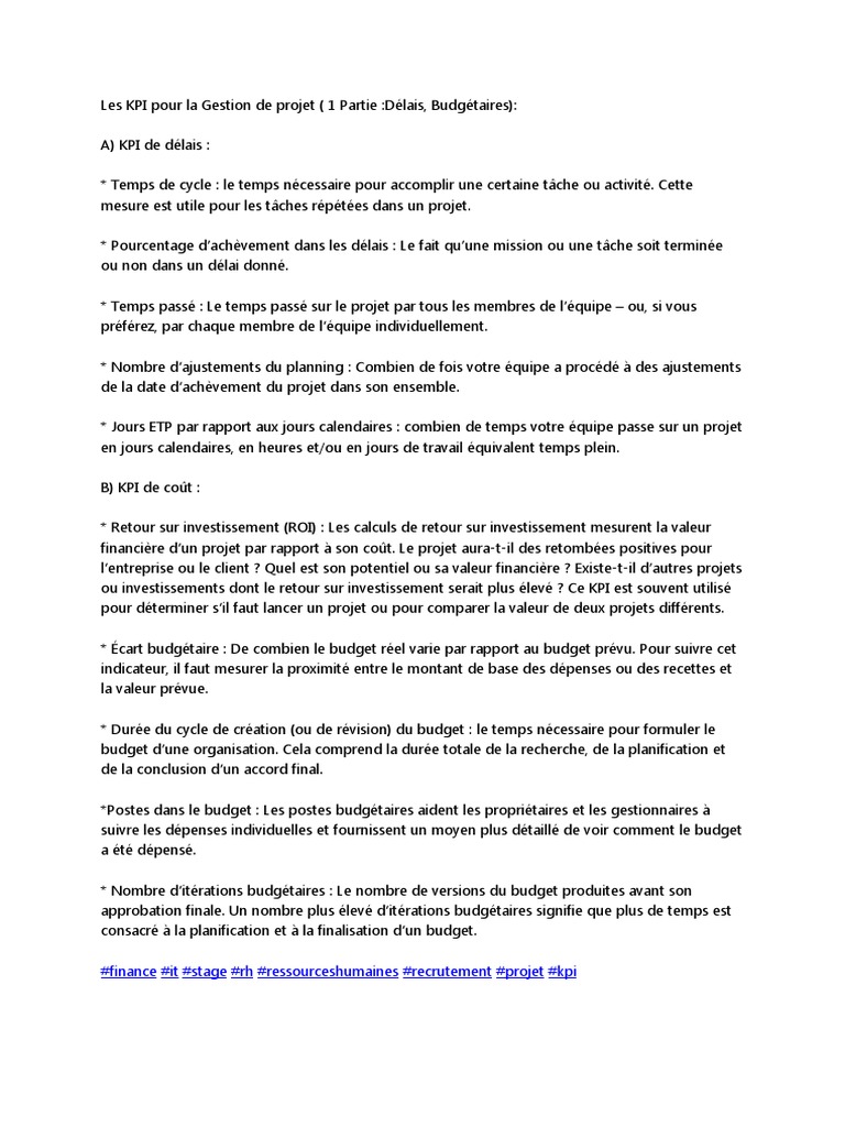 KPI pour la Gestion de Projet : Délais et Coûts | PDF