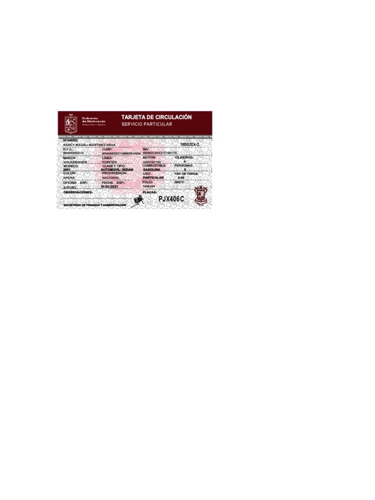 Tarjeta De Circulacion